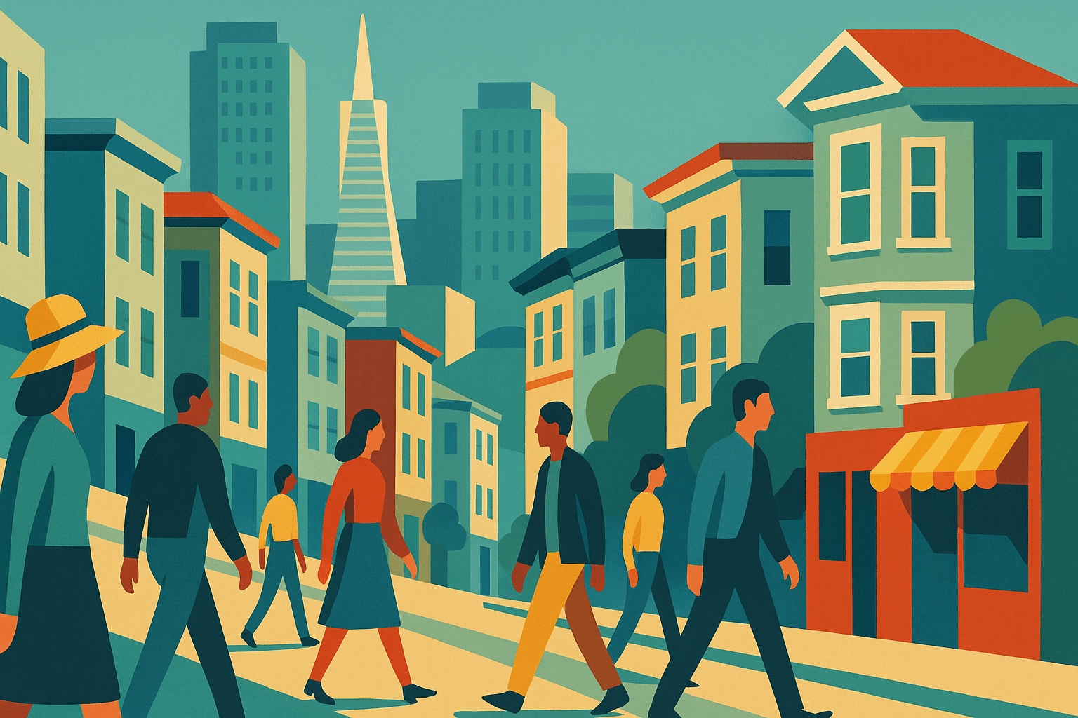 Illustration showing people, homes, and small businesses representing San Francisco housing